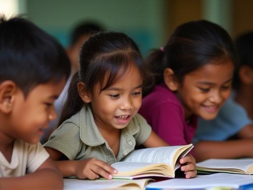 Children eagerly participating in a literacy class