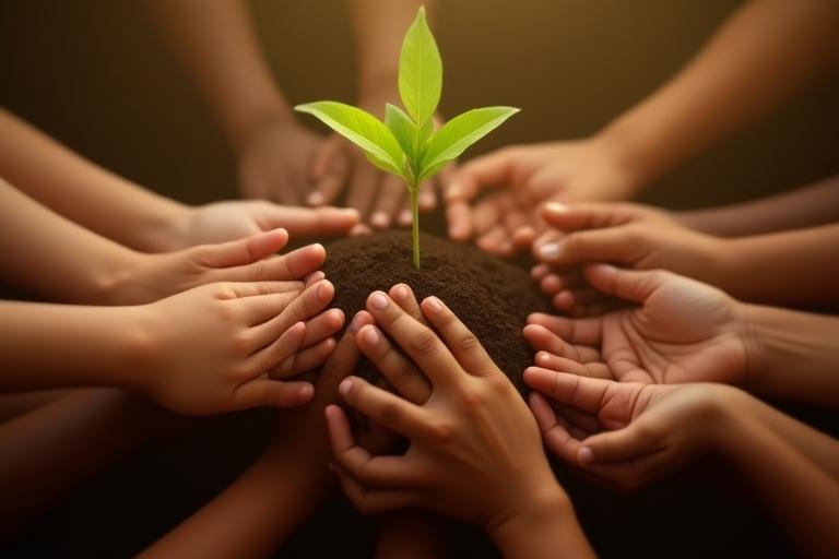Multiple hands reaching out to support a sapling
